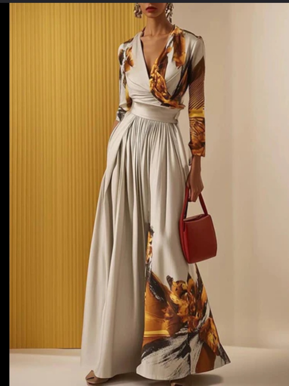 Cream Wide-Leg Pleated Jumpsuit with Floral Accent